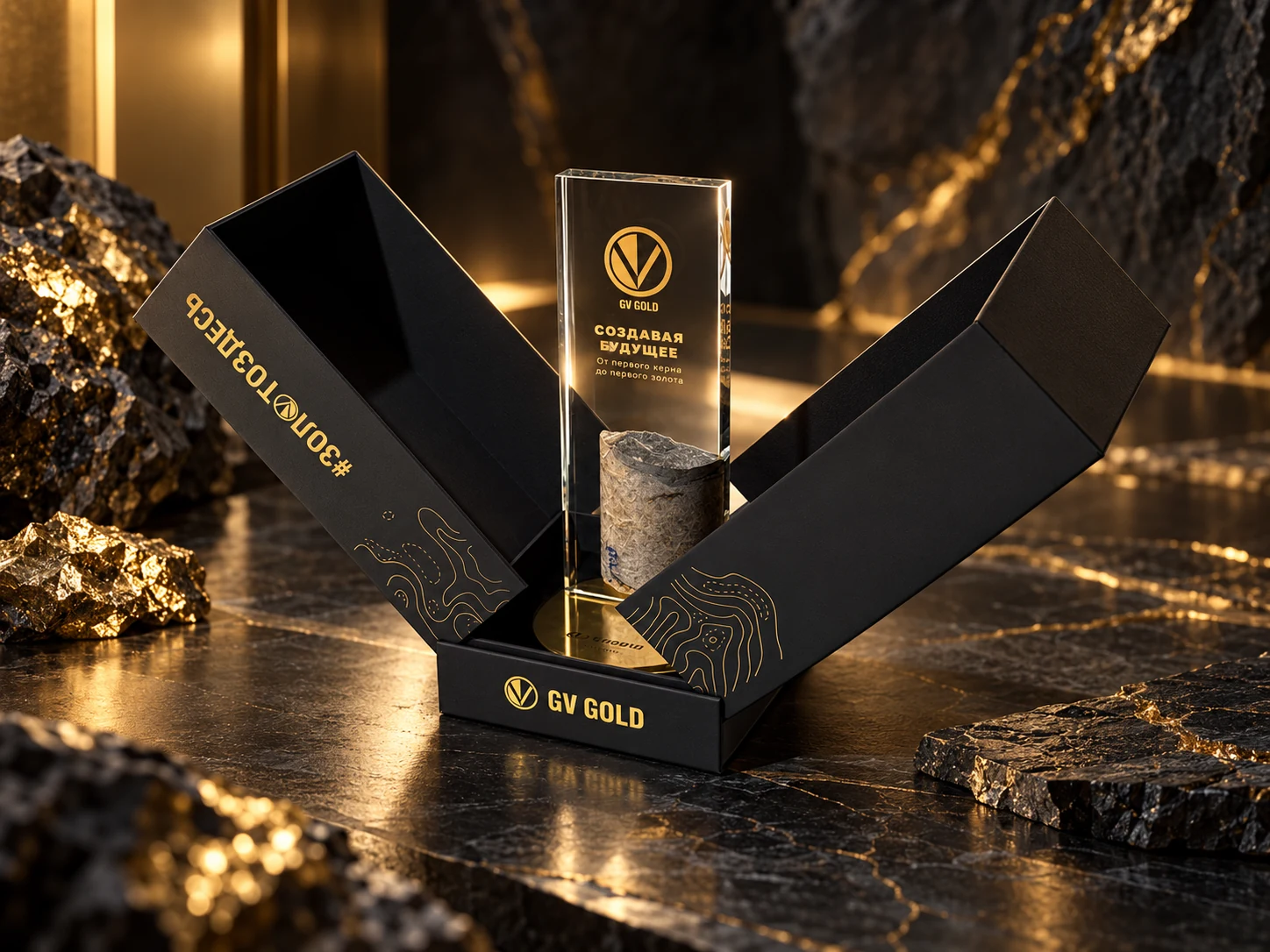 Чёрная коробка GV Gold с наградой и керном золотосодержащей породы