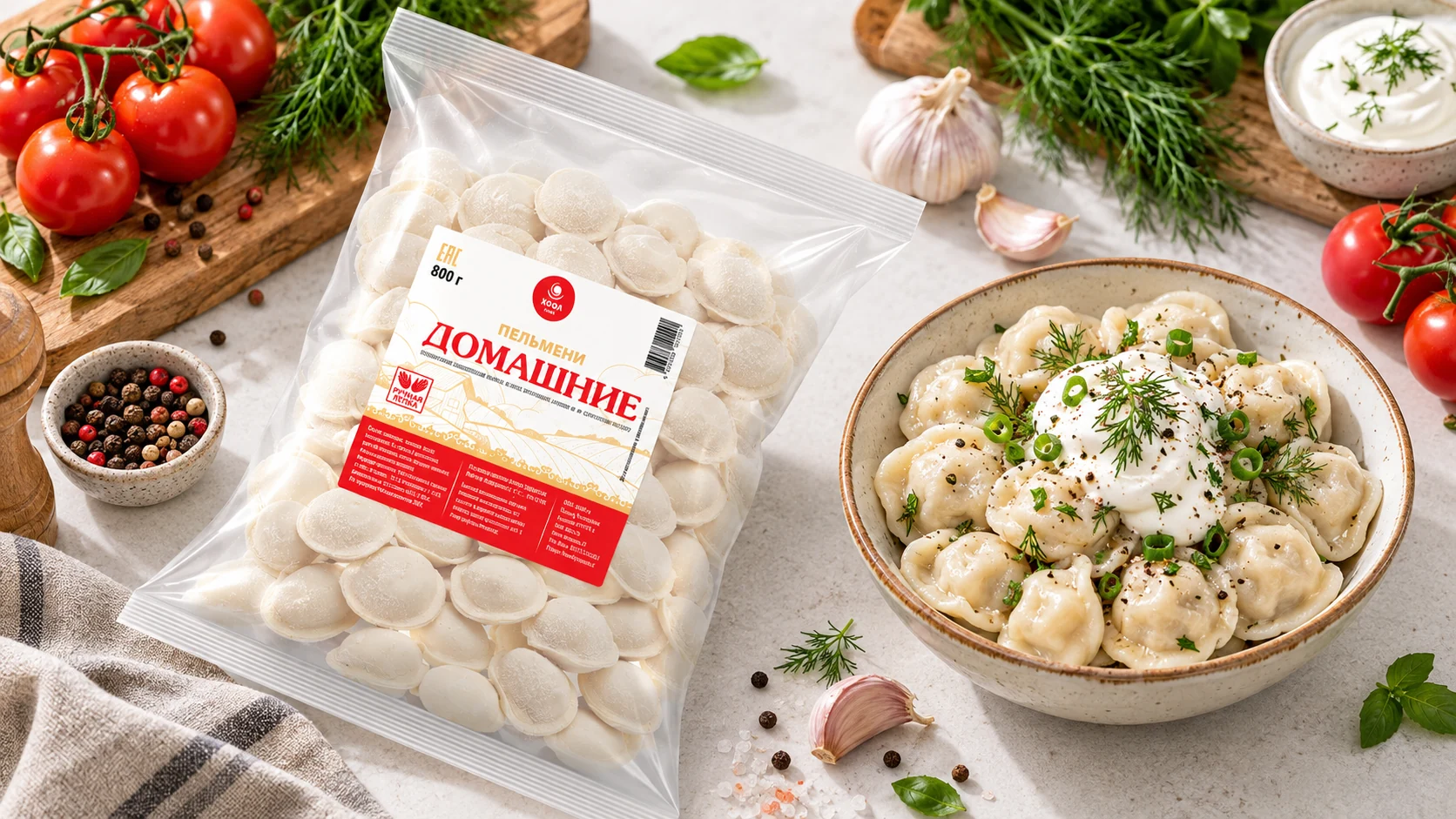Светлая этикетка пельменей Домашние на прозрачной упаковке