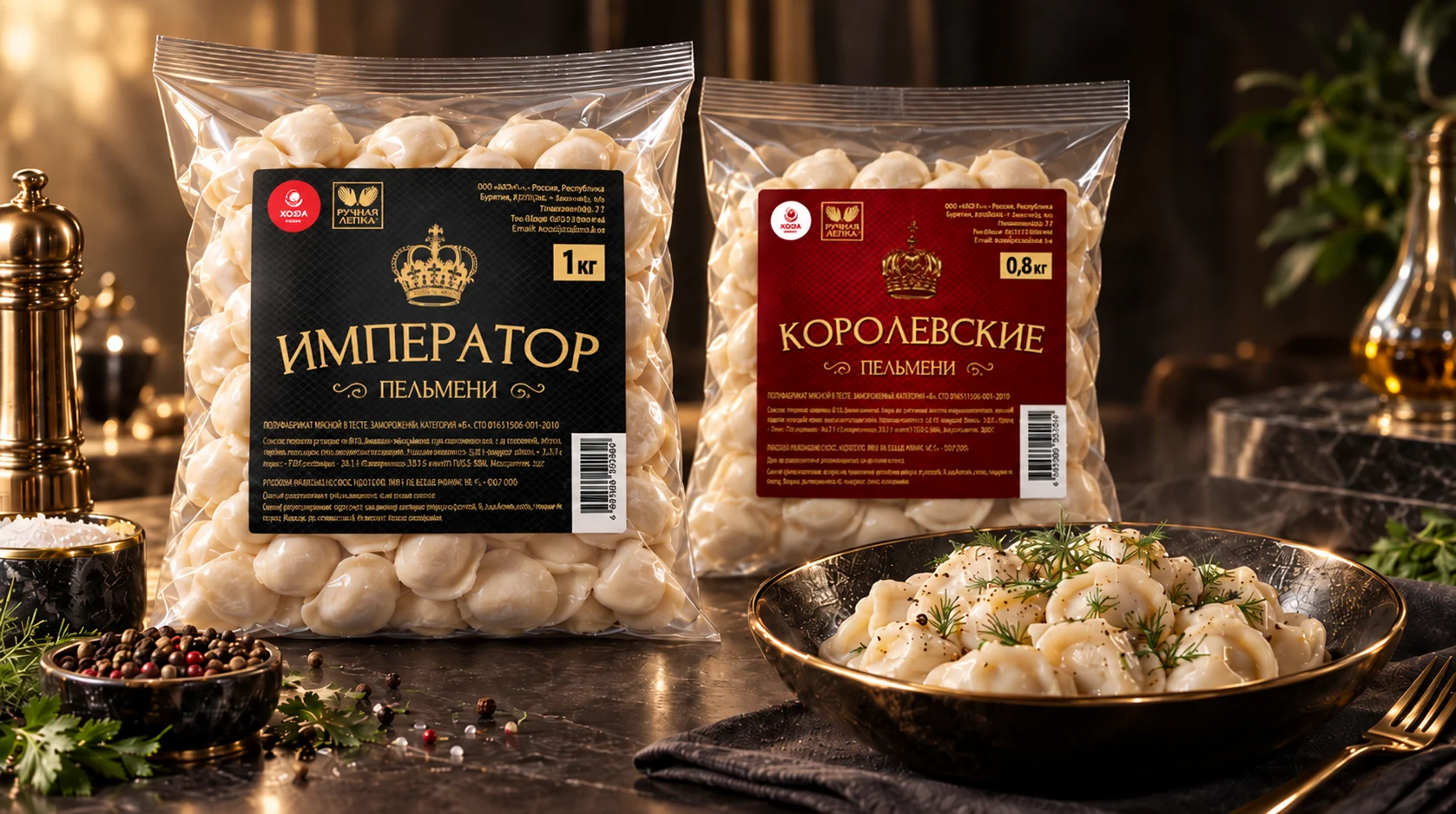 Чёрная и бордовая этикетки пельменей Император и Королевские
