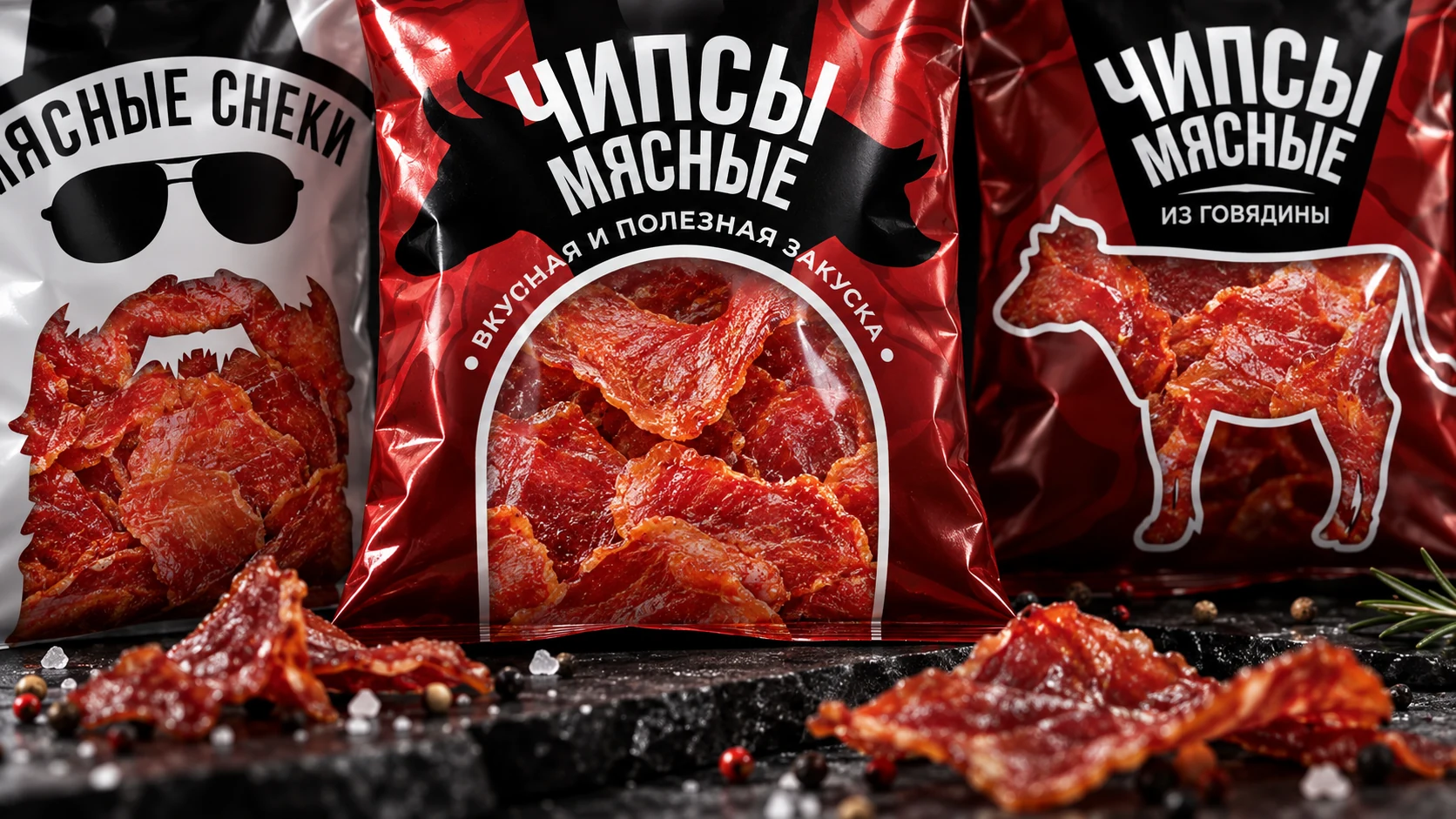 Крупный план упаковок мясных снеков и продукта