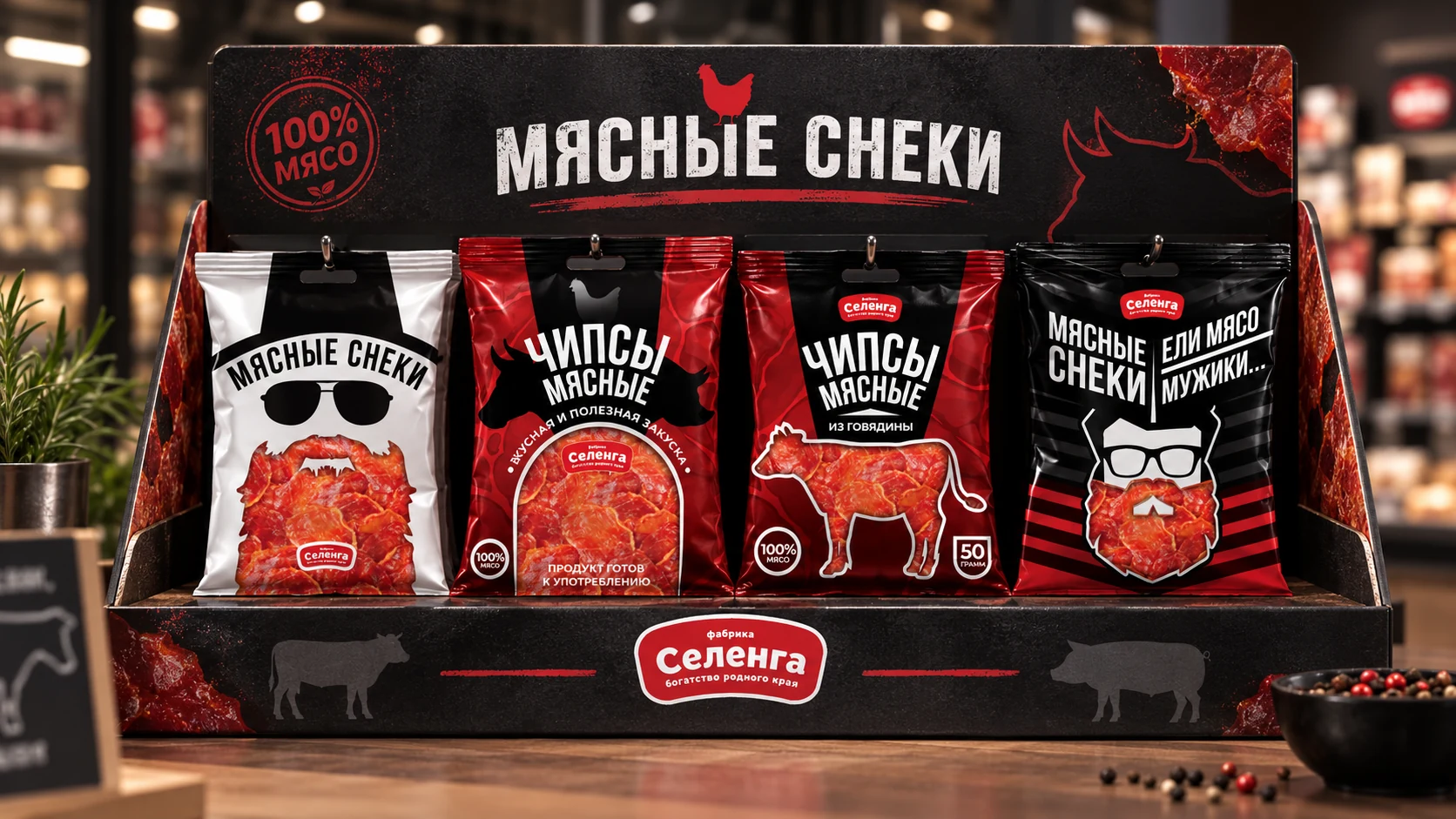 Визуализация дисплея с вариантами упаковки мясных снеков фабрики Селенга